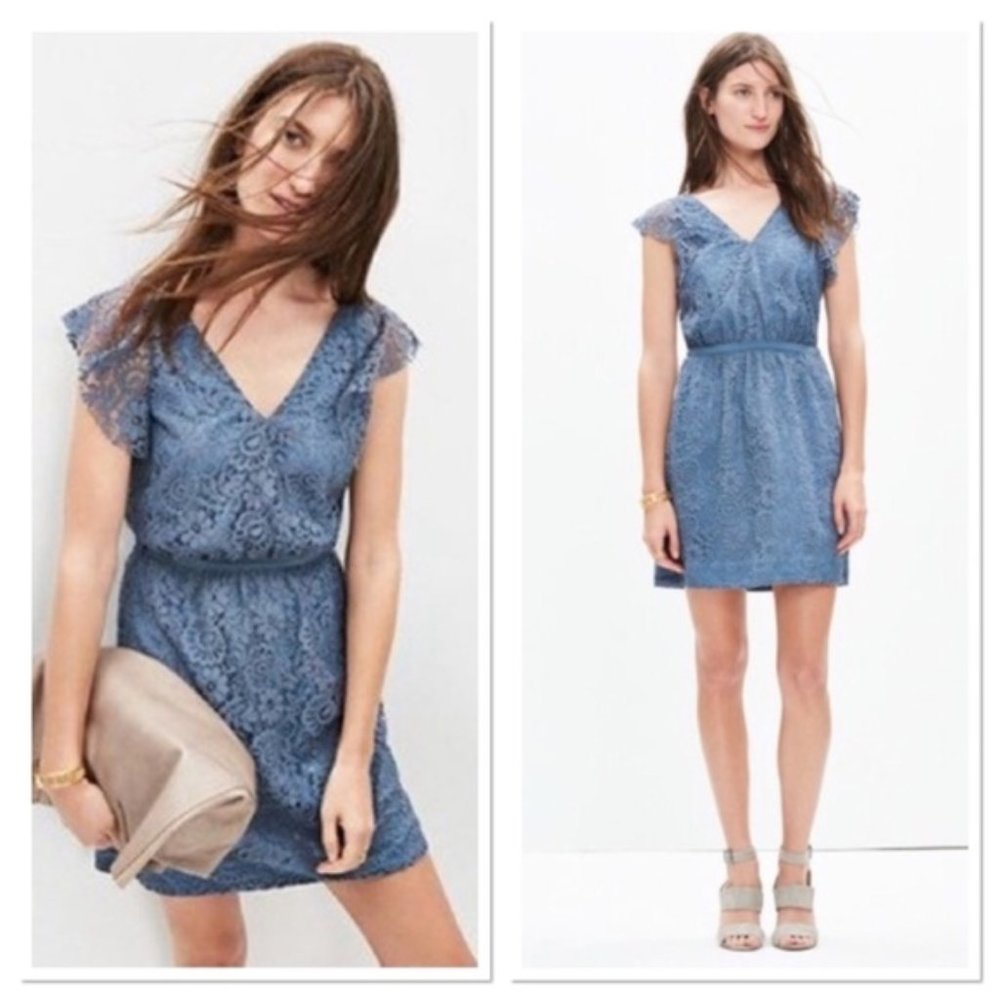 Madewell Blue Lace Flutter Sleeve Dress